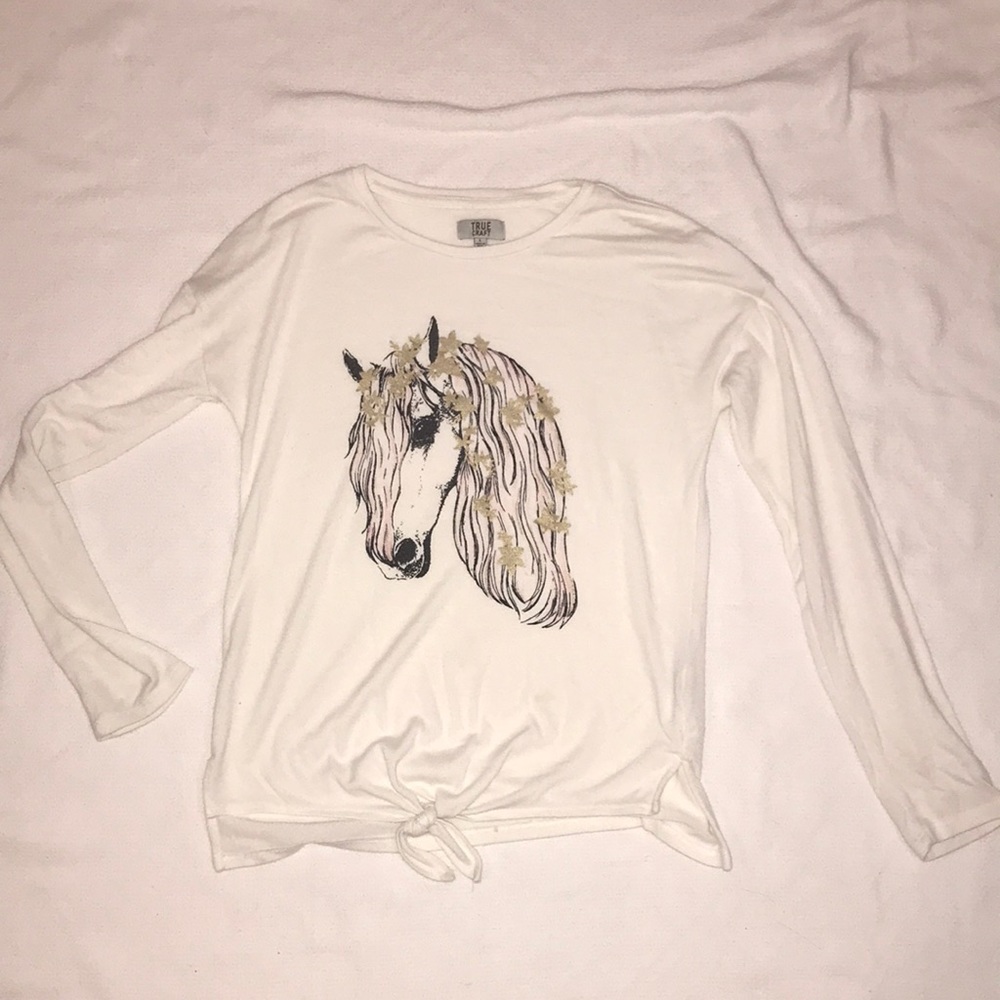 True Craft Light Weight Sweater Knot Tie Front Top w Horse Graphic Girls Size L